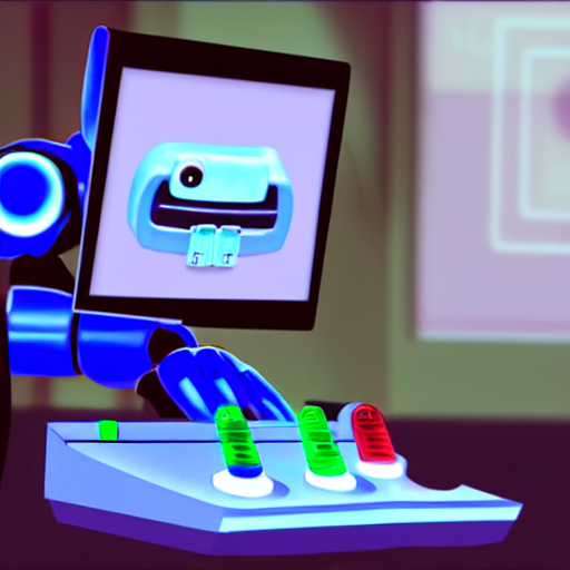 A Robot Coding, On Screen Old Video Game Shown, Robot Hold A...