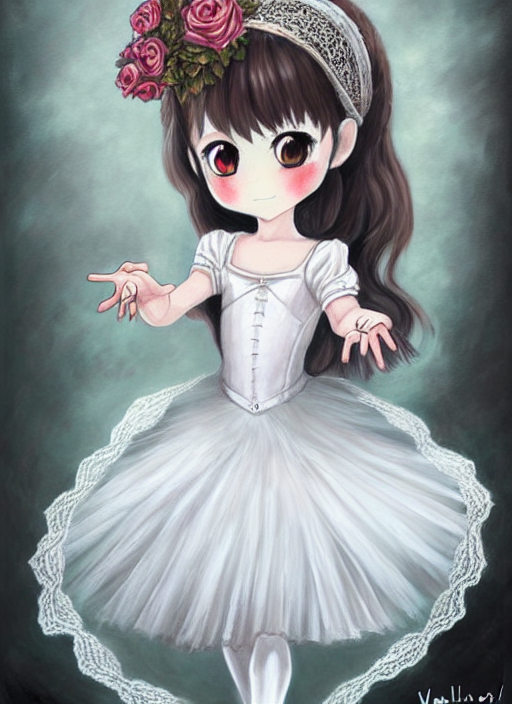 A Portrait Of Girl Ballerina In White Dress, White Lace Head...