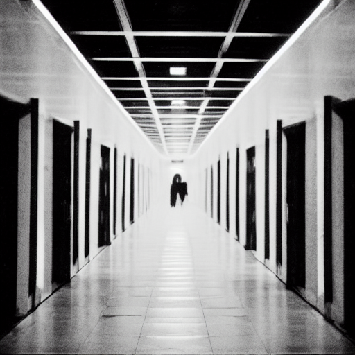 A Person In A White Robe Walking Down A Long Hallway. Shot O...