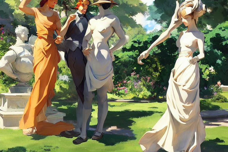 Couple Walks In The Garden With Marble Statues, Jodhpurs Gre...