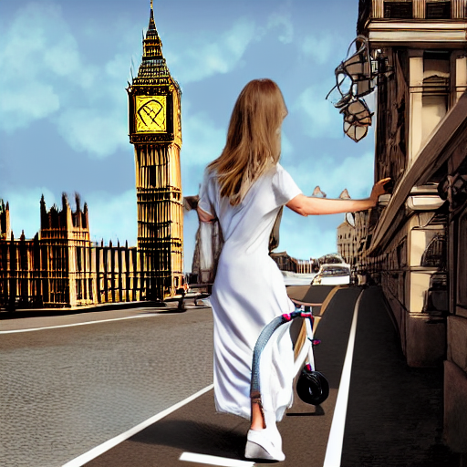 A Sketch Drawing, A Woman On A Scooter, Dressed In A White D...