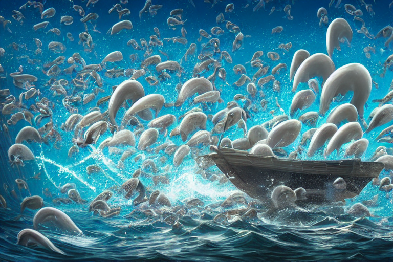 Portrait Of Squids Swarming The Ocean. Shadow And Light. Ray...