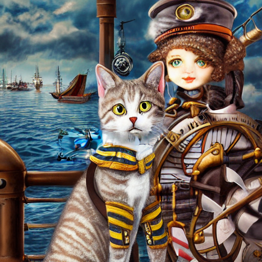 Grey Anthropomorphic Tabby Cat In Steampunk Sailor Suit With...