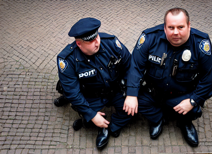 Closeup Portrait Of Two Fat Police Officers Eating From The...