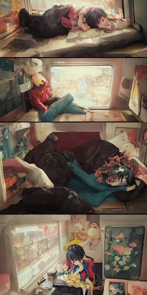 3 Panel Scene, Anime Cat Sleeps Inside A Japan Train - Drama...