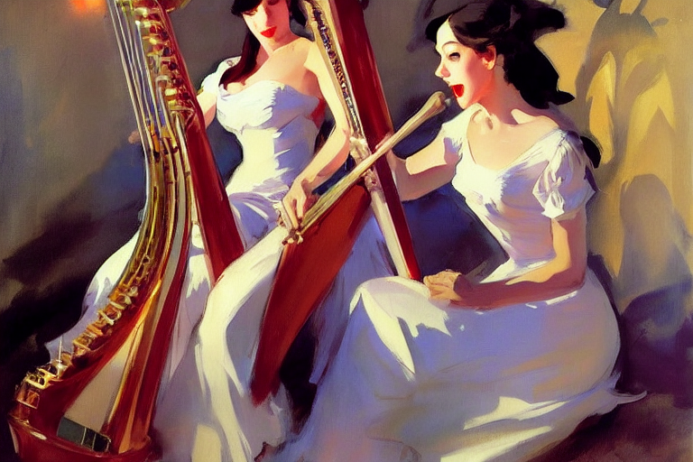 Pretty Girl Plaing On Harp And Sing, Crowdy Hall Sit And Lis...