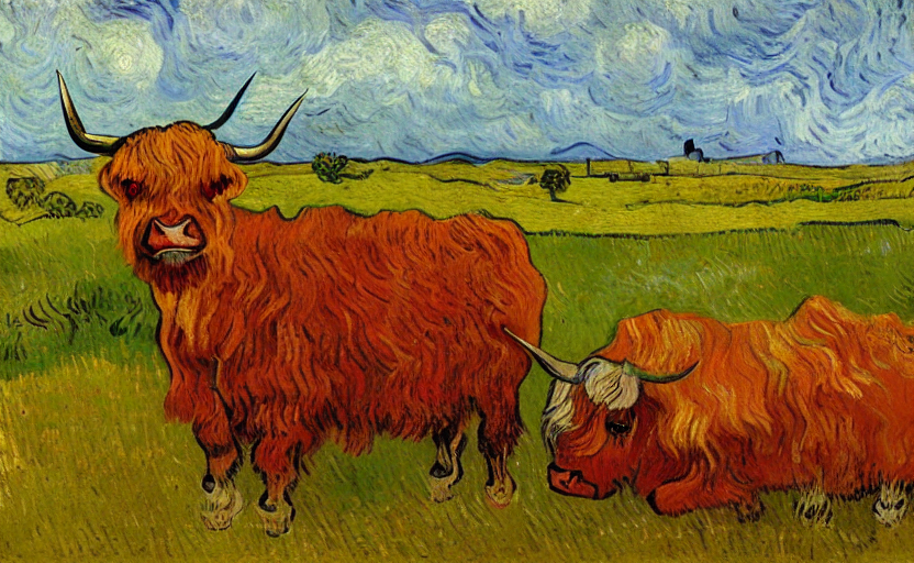 Oil Painting By Van Gogh Of A Highland Cow In A Meadow At Da...