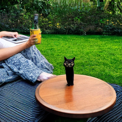 Big Round Garden Table. A Laptop, A Tray Of Sushi, And A Bee...