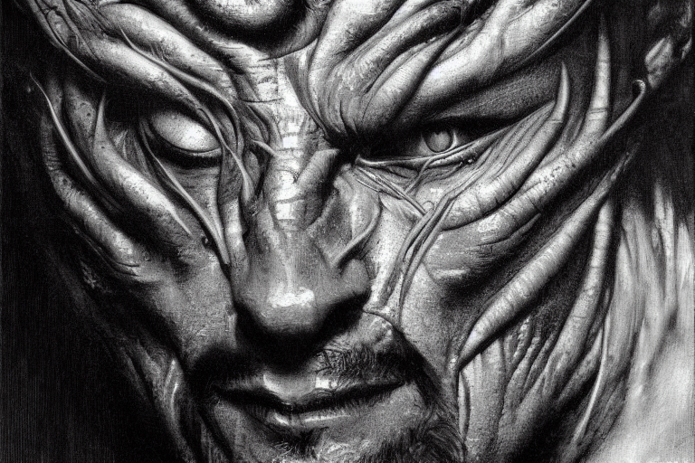 Painted Closeup Portrait Of Lizard Man, Masculine, Fierce, C...