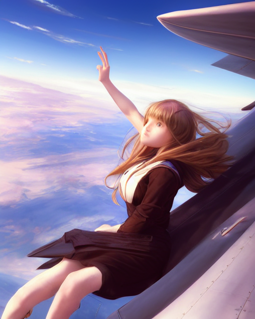 Photorealistic Very Wide Shot Of A Girl Sitting On The Wing...