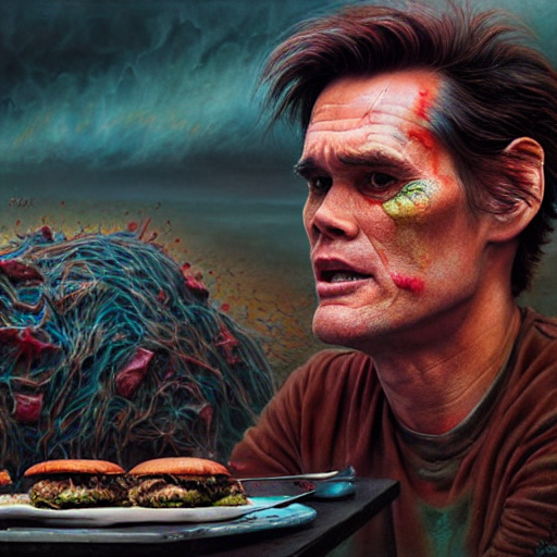 Jim Carrey Eating Giant Hamburgers, Highly Detailed, Cinemat...