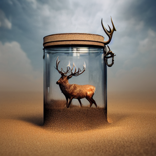 Stag In A Scottish Landscape Inside A Glass Jar Buried In Sa... — Stable Diffusion AI Prompt: stag in a scottish landscape inside a glass jar buried in sand, intricate detail...