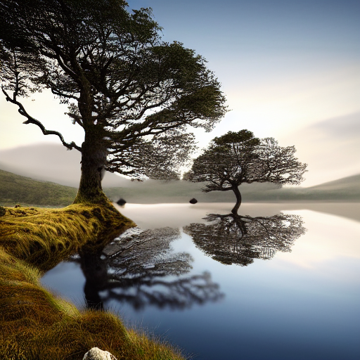 Scottish Highlands At Dawn, Large Tree, Matte Painting, Loch...