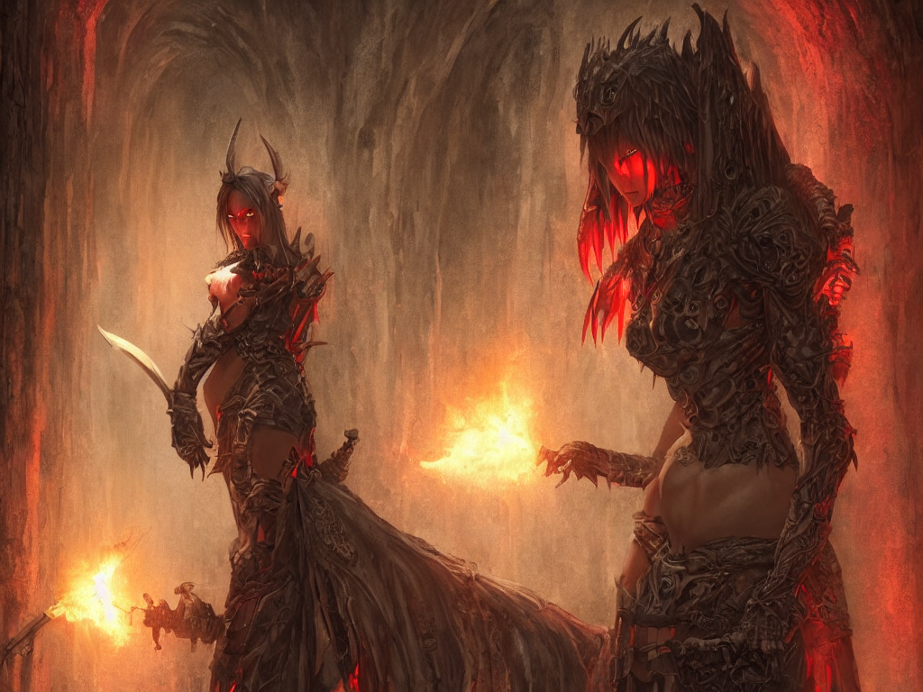 Female Demon In A Medieval Dungeon, Glowing Red Eyes, Stunni...