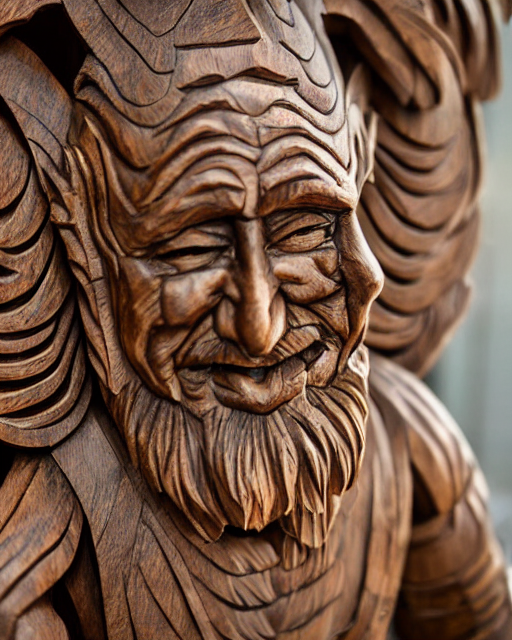 A Huge Wooden Carving Sculpture Of A Wizard, Intricate Detai...