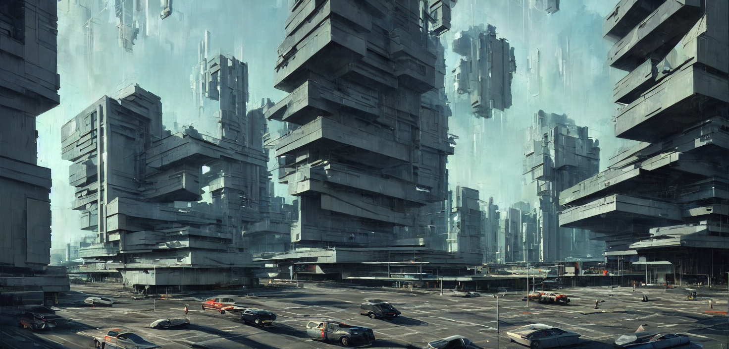 Futuristic Suburban Scene, Brutalist Style Architecture, Str... — Stable Diffusion AI Prompt: futuristic suburban scene, brutalist style architecture, straight edges, buildin...