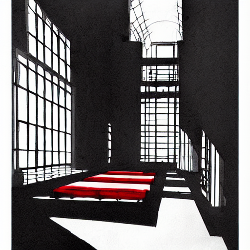 Beautiful Ink Sketch In Black, White And Red, A Hall In Anci...