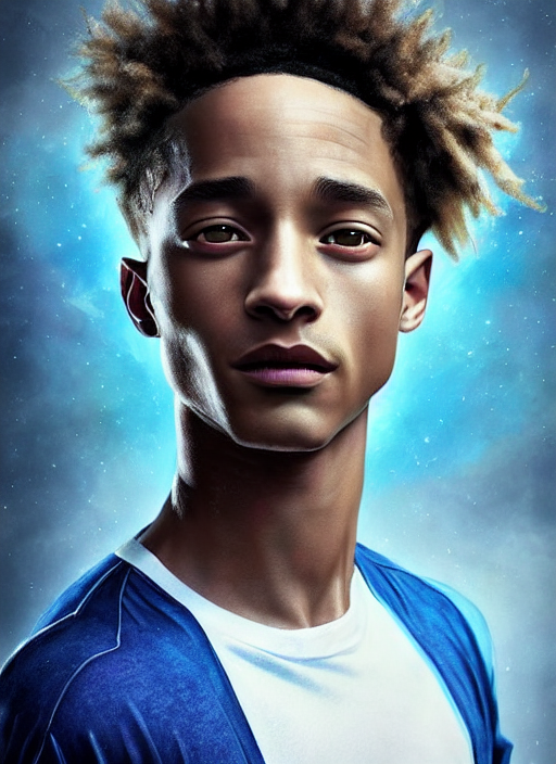 Jaden Smith Closeup Portrait, White And Teal Shirt, Cinemati... — Stable Diffusion AI Prompt: jaden smith closeup portrait, white and teal shirt, cinematic lighting, highly d...