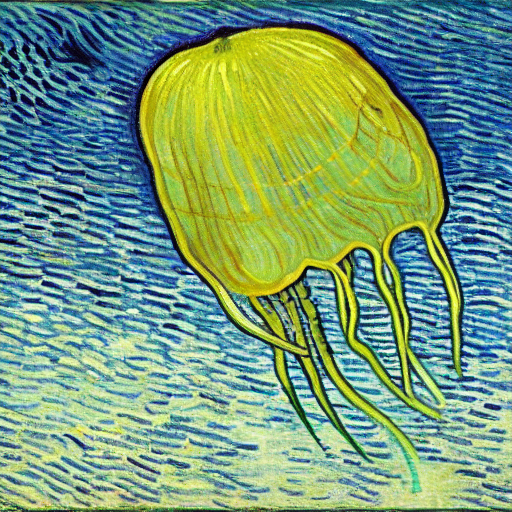 A Ctenophore Comb Jelly Floating Deep In The Dark Sea, Paint...
