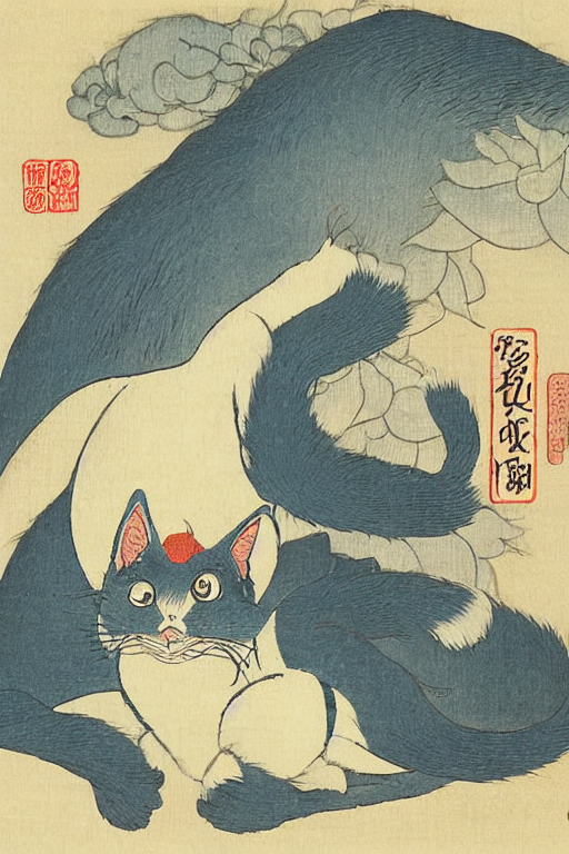 A Japanese Woodblock Print Of An Blue Japanese Cat By Ohara...