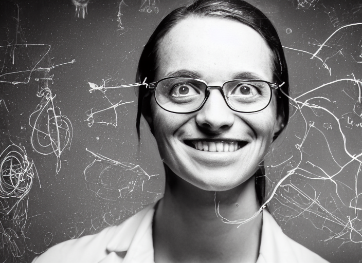 A Photo Portrait Of A Scientist Smiling, Eyes Scratched Out,...
