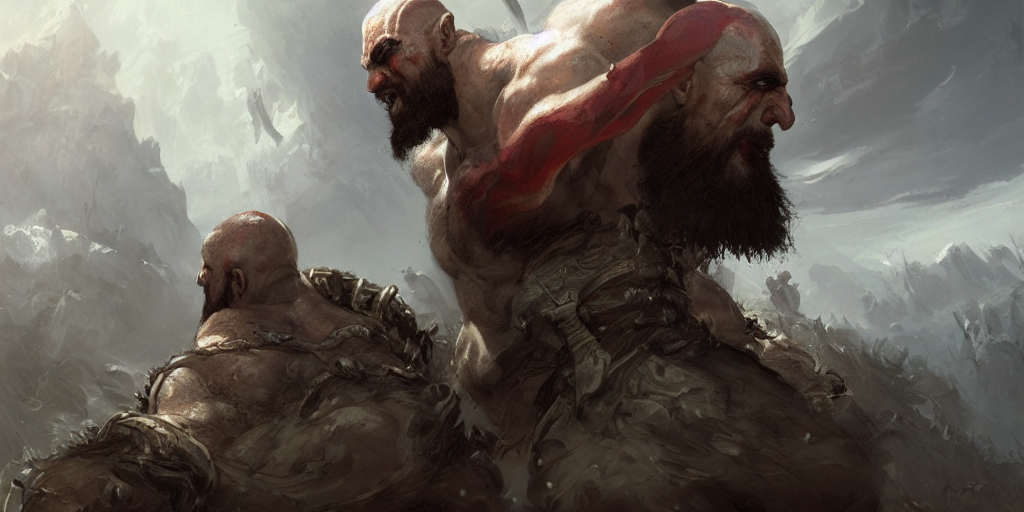 Painted Portrait Of Kratos Fighting Ogre, Fantasy Intricate...