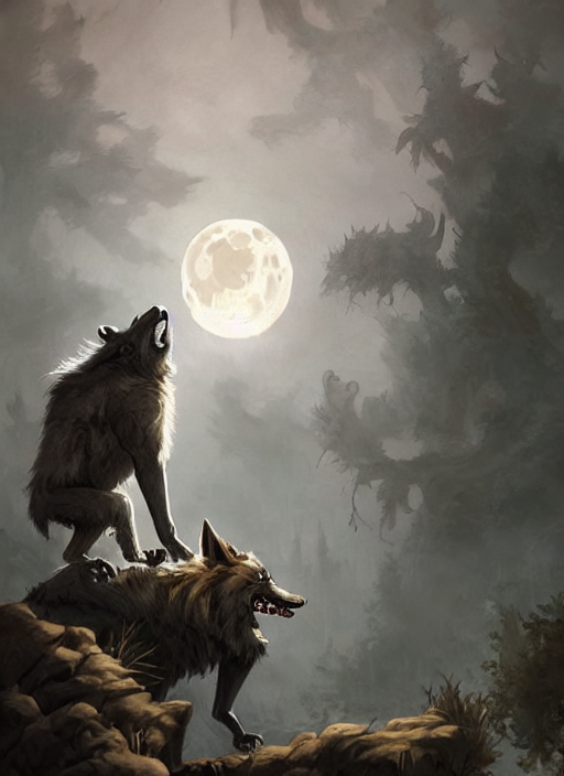 Werewolf Howling In Graveyard With Full Moon In Background,...