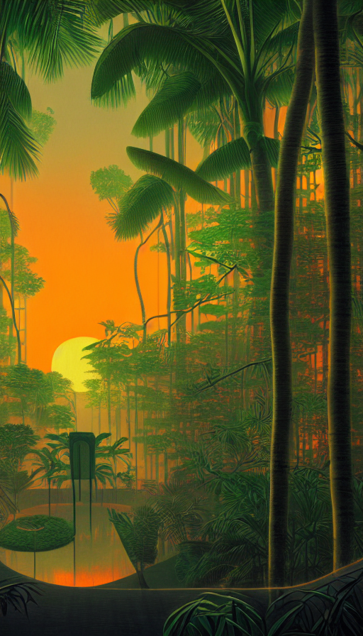 Architecture By Henri Rousseau, Rainforest Sunset Neon Noir... — Stable Diffusion AI Prompt: architecture by henri rousseau, rainforest sunset neon noir scumm bar morning su...