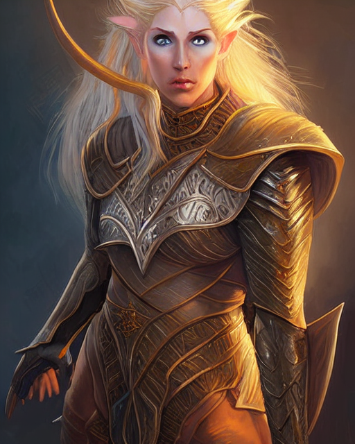 A Female Elven Warrior Wearing Platinum Breastplate, Cinnamo...