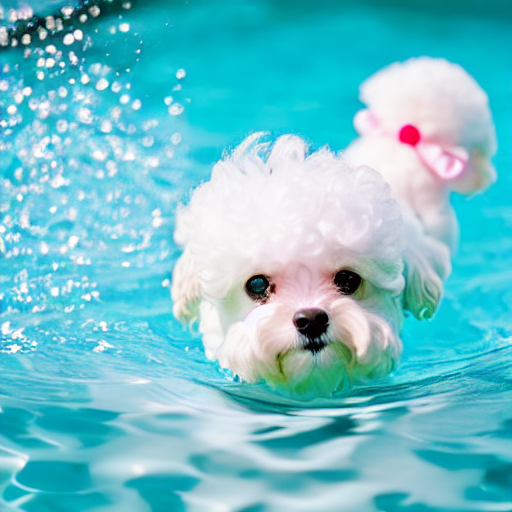 A Cute Bichon Puppy With A Bow Behind Her Ear Swimming In A...