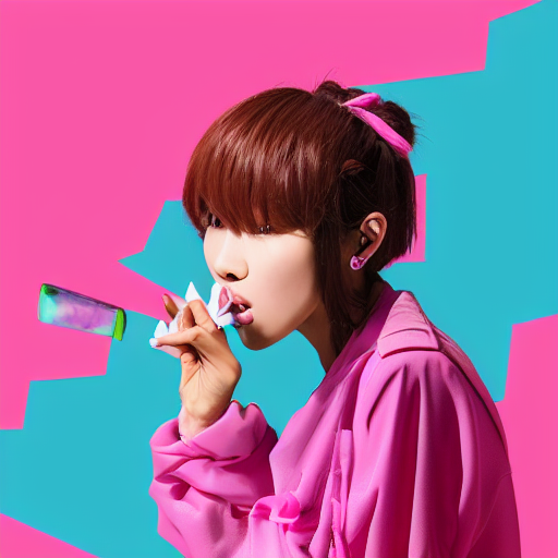 Kpop Idol Woman Dressed In Pink, Eating A Popsicle, Vaporwav...