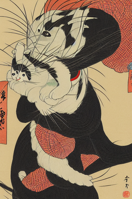 An Ukiyo - E Painting Of A Japanese Cat By Katsushika Hokusa...
