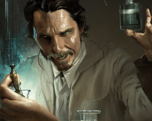 Christian Bale As A Mad Mad Scientist, Lab Coat, Mixing Poti...