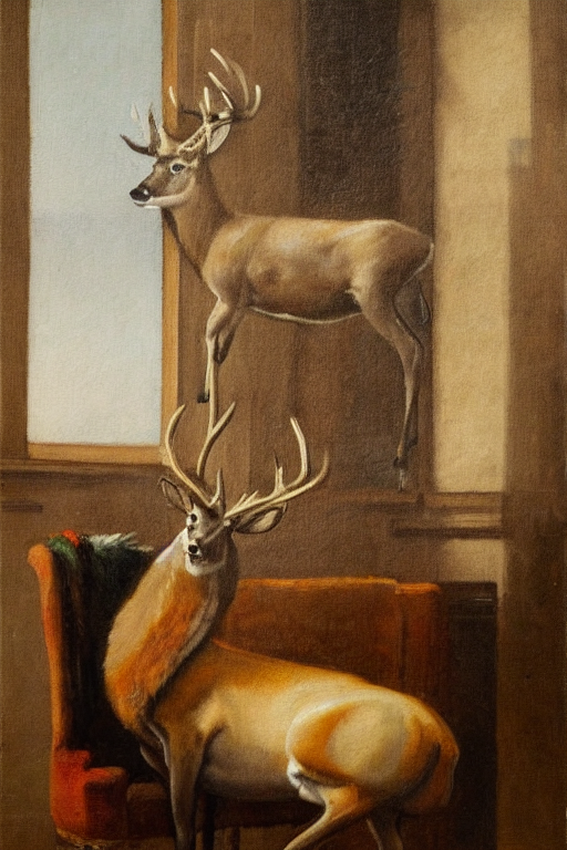 A Painting Of A Buck In Suit Sitting On A Chair Near A Windo...