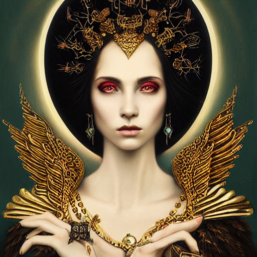 Portrait Of A Beautiful Winged Goddess Wearing An Ornate Bla...