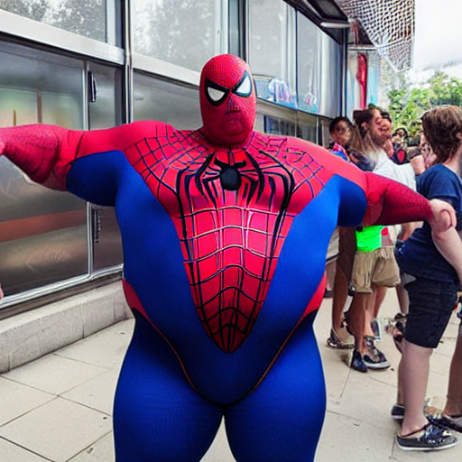 Obese Spiderman Standing In Line For Fast Food