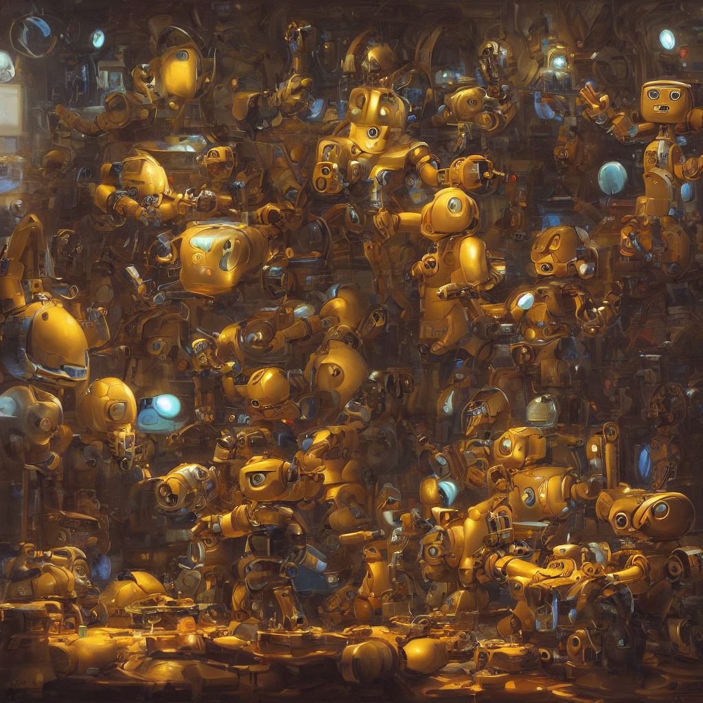 Robots Building Robots In A Workshop, Oil Painting By Justin...