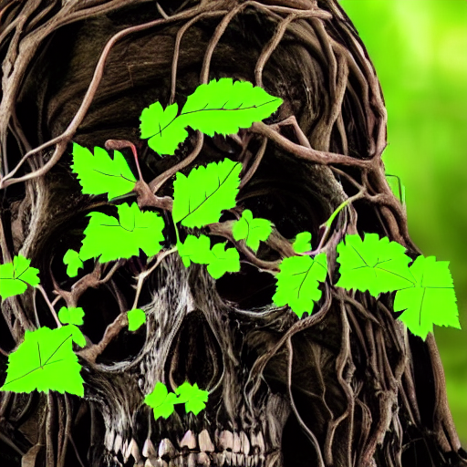 Black Vines Growing Through A Human Skull In The Woods