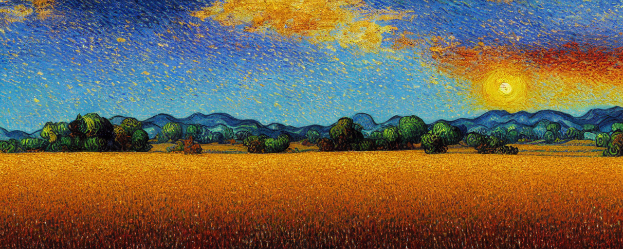 A Digital Fine Art Painting Of A Grain Field At Sunset, A De...