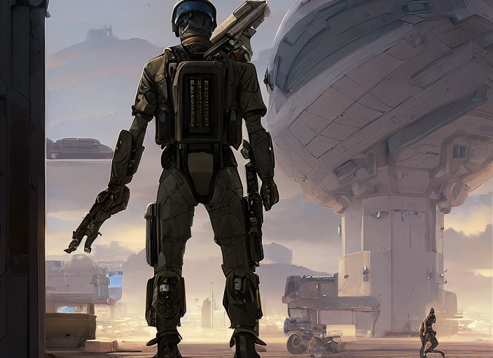 Armor Plated Soldier Carrying Plasma Rifle, Standing In Fron...
