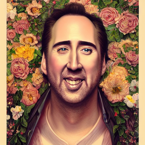Portrait Study Of Smiling, Loving Nicholas Cage With Floral... — Stable Diffusion AI Prompt: portrait study of smiling, loving nicholas cage with floral background, flowers...
