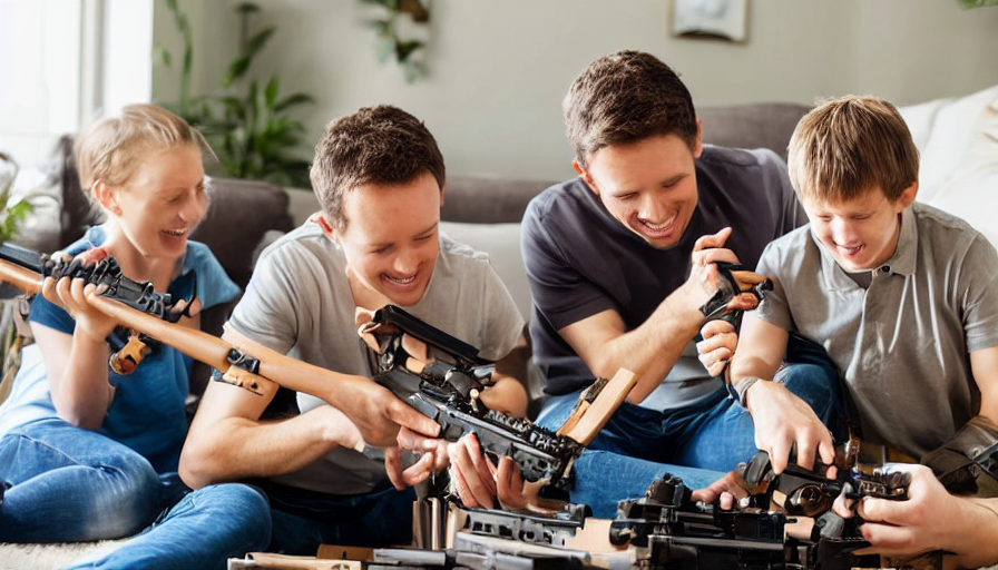 Happy Family Assembling Machine Guns In Their Living Room On...