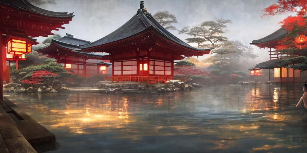 Ethereal Empty Onsen Next To Grand Japanese Architecture Tea...
