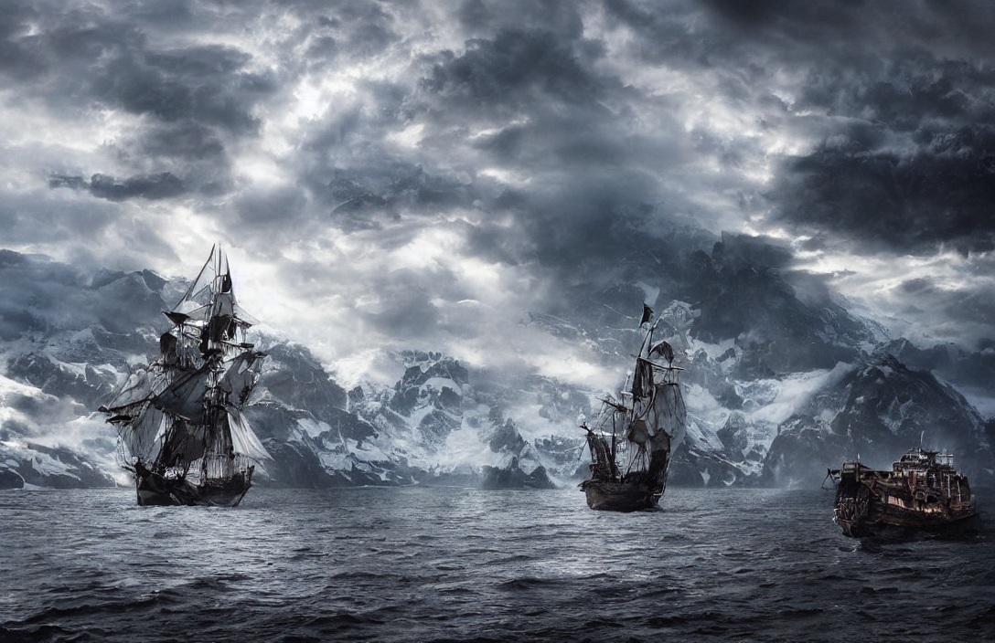 Close Up Of A Large Pirate Ship Sailing On A Glacial Lake, L...