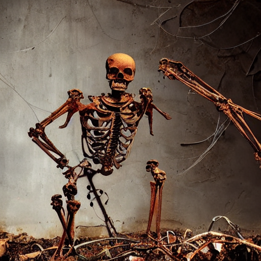 A Rusty Mechanical Human Skeleton Reaching Out Of A Pile Of...