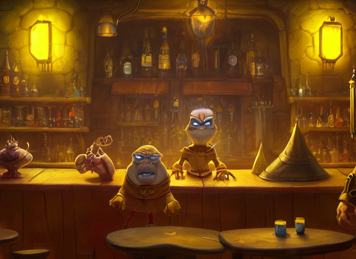 Grumpy King In Yellow Sitting In A Bar, Fantasy, Concept Art... — Stable Diffusion AI Prompt: grumpy king in yellow sitting in a bar, fantasy, concept art, artstation, disney...