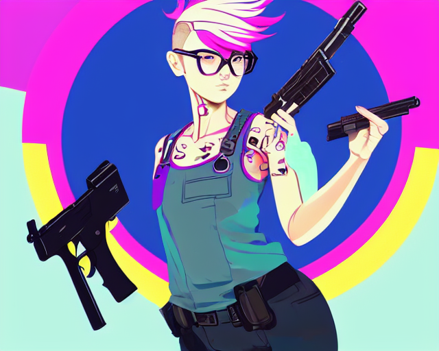 A Cool Girl Firing A Gun, With A Half Shaved Pixie Hair Cut,...