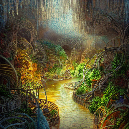 An Epic Underground City. Brightly Illuminated Water. Organi...