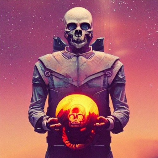 A Galactic Viking Holding In His Hands A Skull, Art By Bill... — Stable Diffusion AI Prompt: a galactic viking holding in his hands a skull, art by bill mayers, beeple, conc...