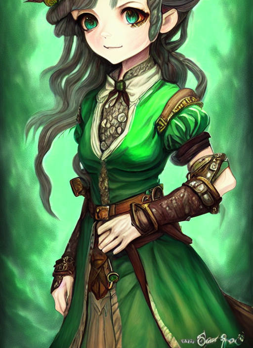 A Portrait Of Girl Bard In Green Dress, Fantasy, Dungeons An...